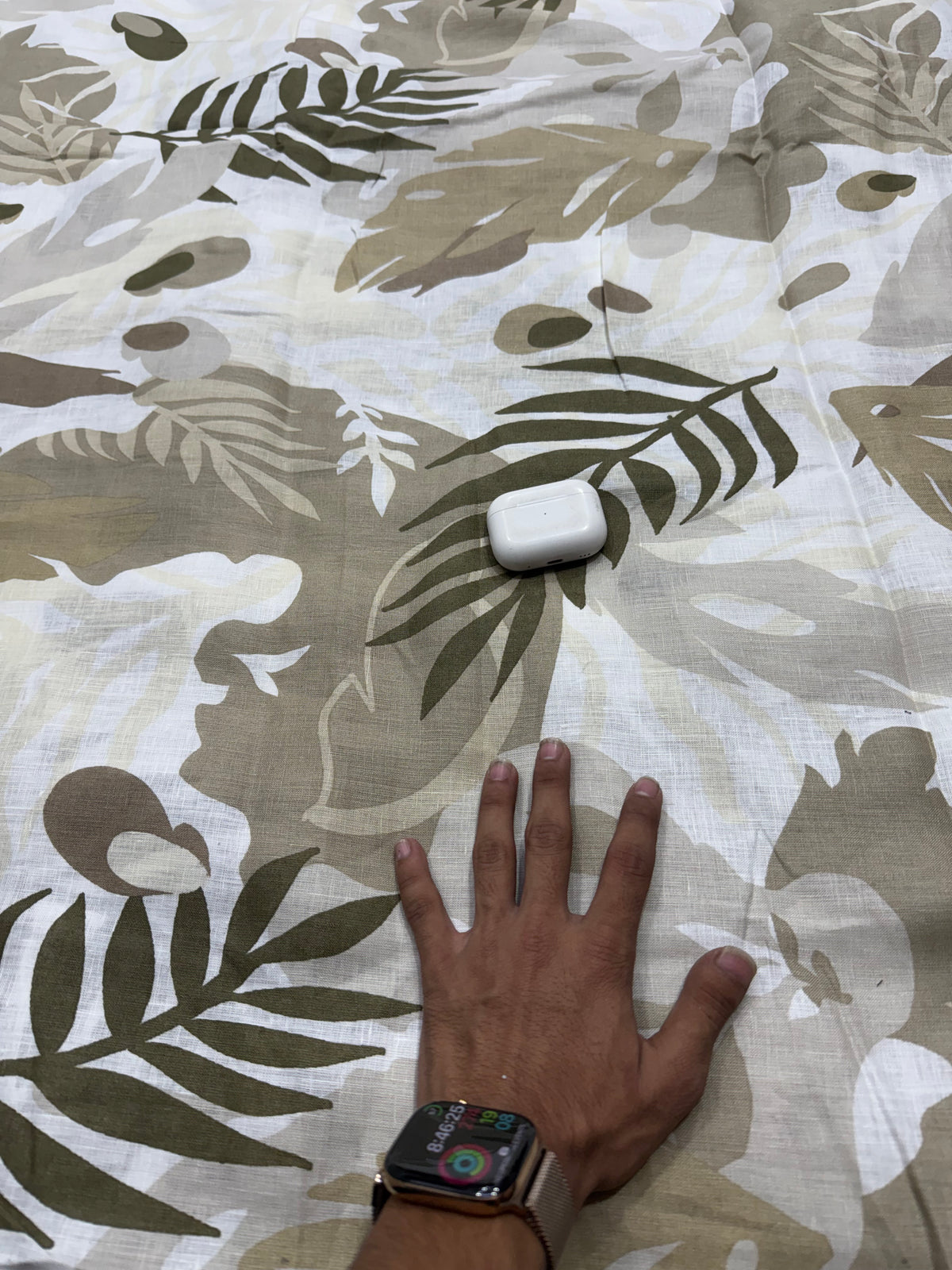 Buy Pure Linen Khaki Tropical Palm Leaf Print Fabric