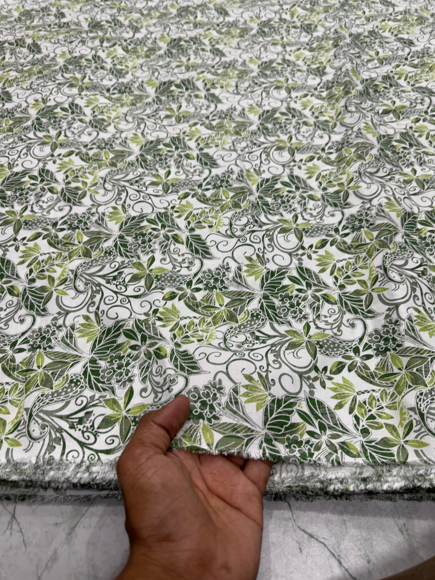 Buy Cotton Viscose Dirty Green Leaf Printed Fabric - MAF 