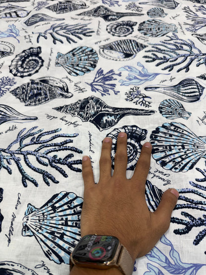 Buy Pure Linen Blue Nautical Seashell Coral Print Fabric