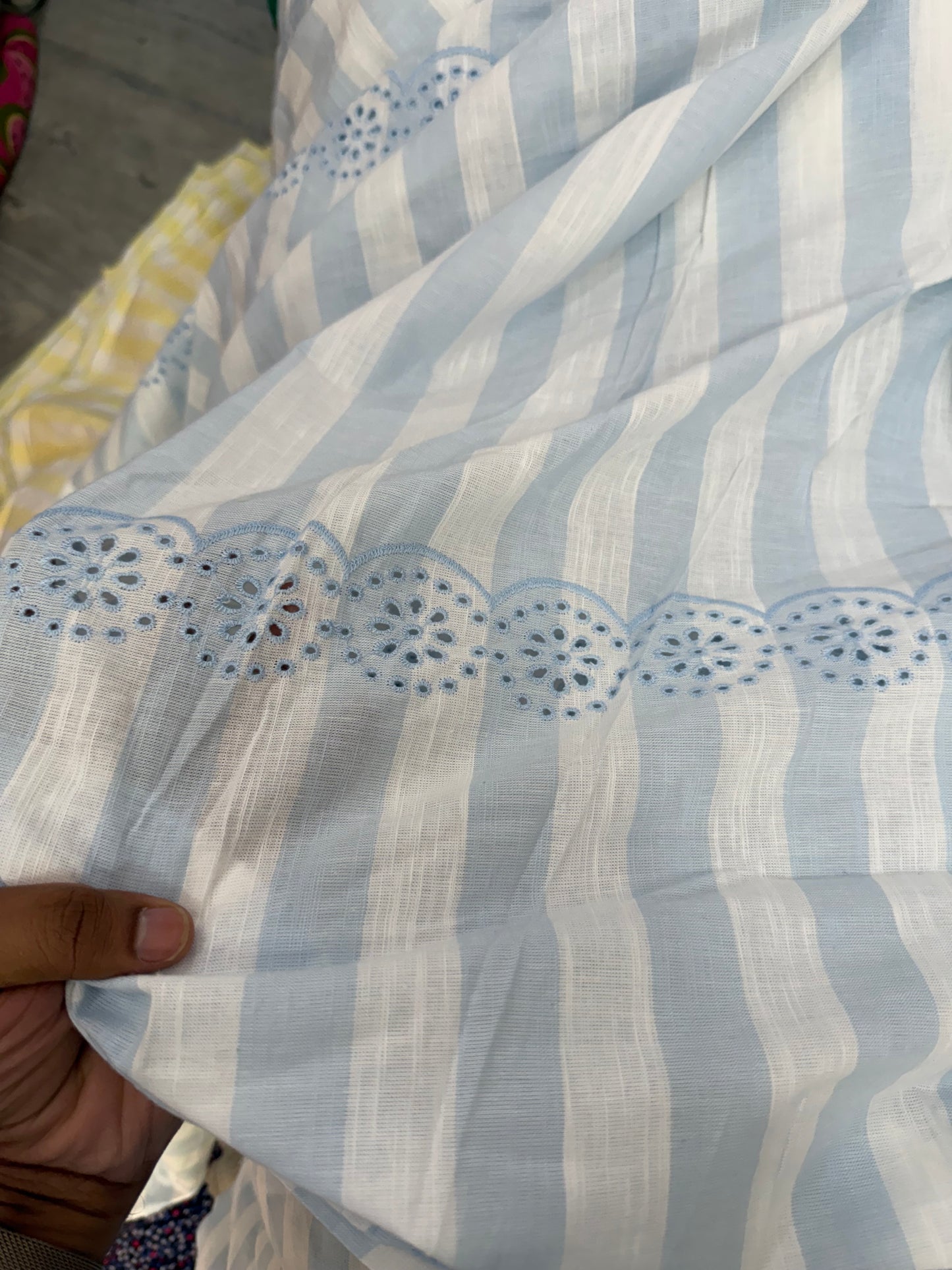 Buy Pure Cotton Linen Blue and White Stripes Embroidery Fabric with Big Width