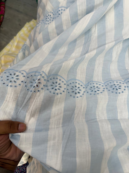 Buy Pure Cotton Linen Blue and White Stripes Embroidery Fabric with Big Width