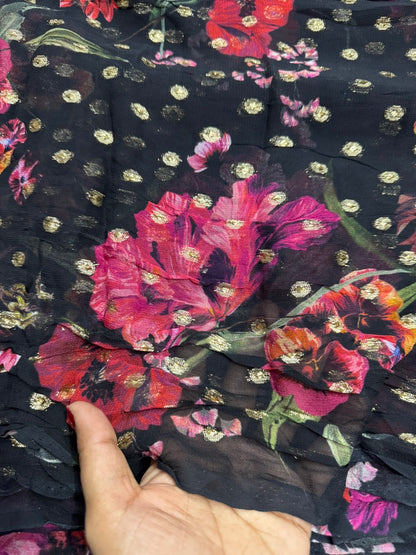 Buy Viscose Chiffon Floral Printed Lurex Butta Fabric