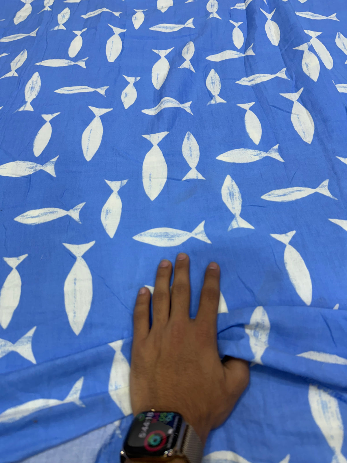 Buy Premium Cotton Double Cloth Cornflower Blue White Fish Print Fabric