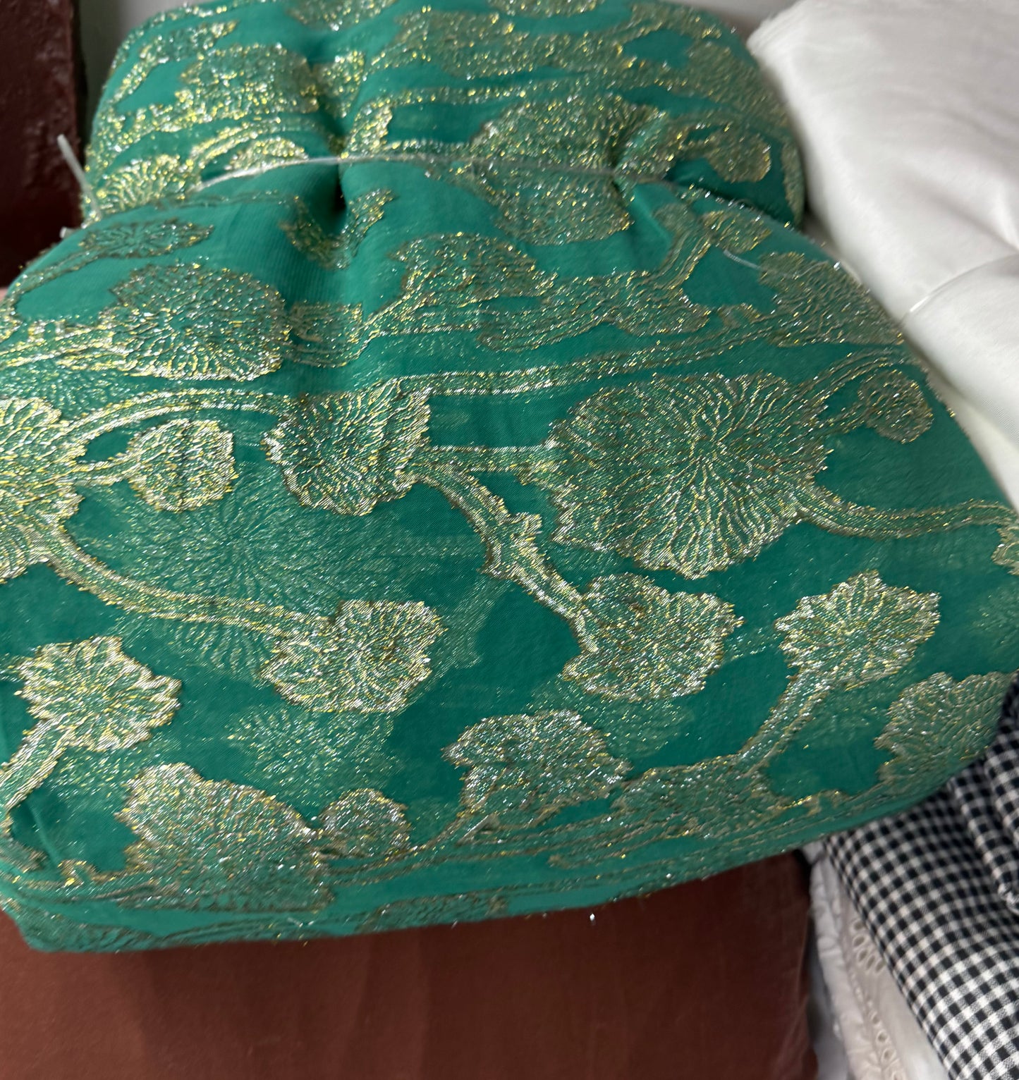 Buy Viscose Chiffon Sea Green Base Floral Damask Lurex Fabric