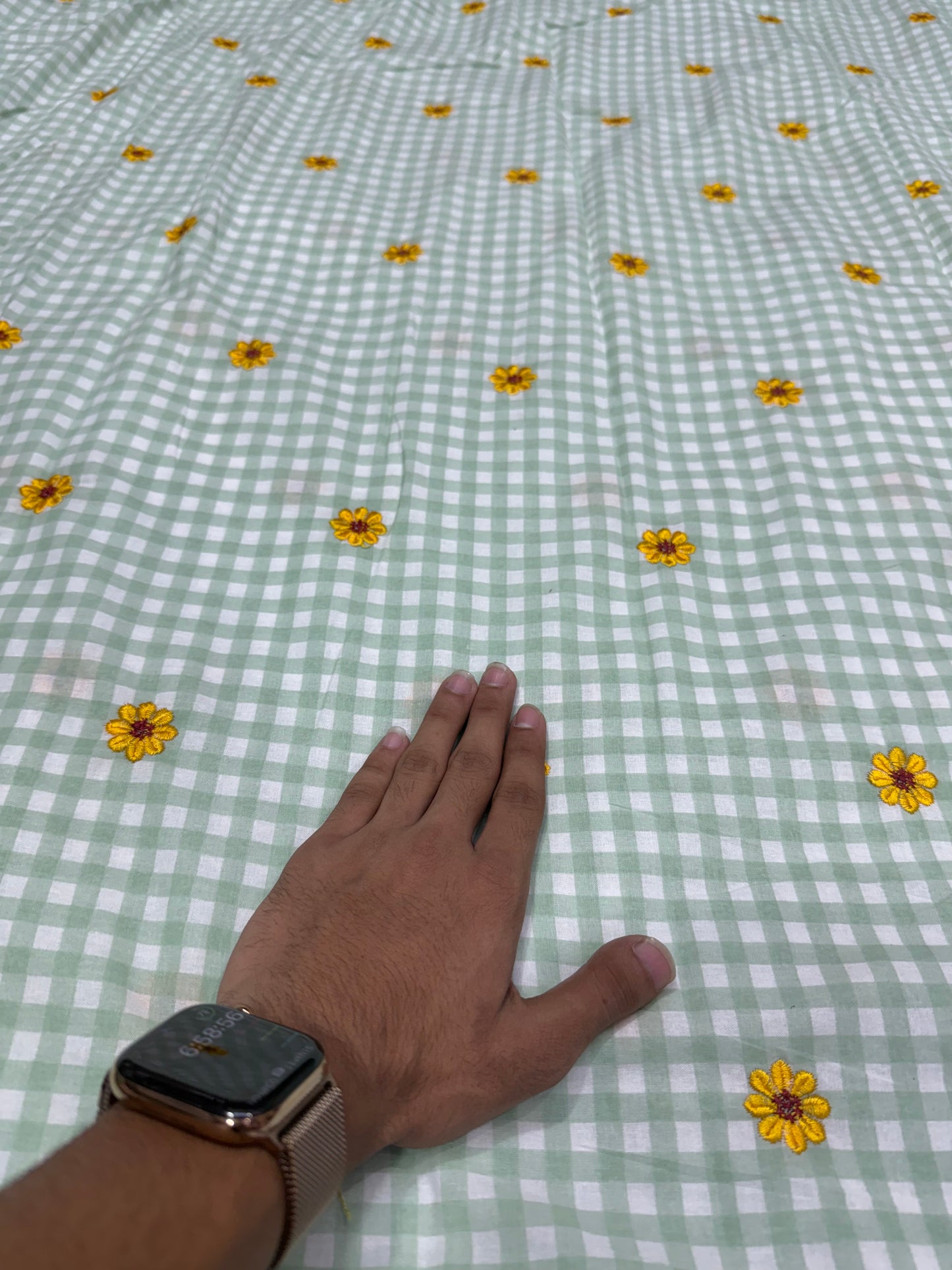 Buy Premium Mint Green Flower Embroidery Gingham Checks Fabric