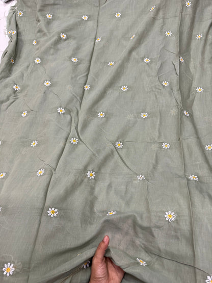 Buy Mul Cotton Viscose Sage Green Daisy Embroidery Fabric