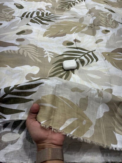 Buy Pure Linen Khaki Tropical Palm Leaf Print Fabric