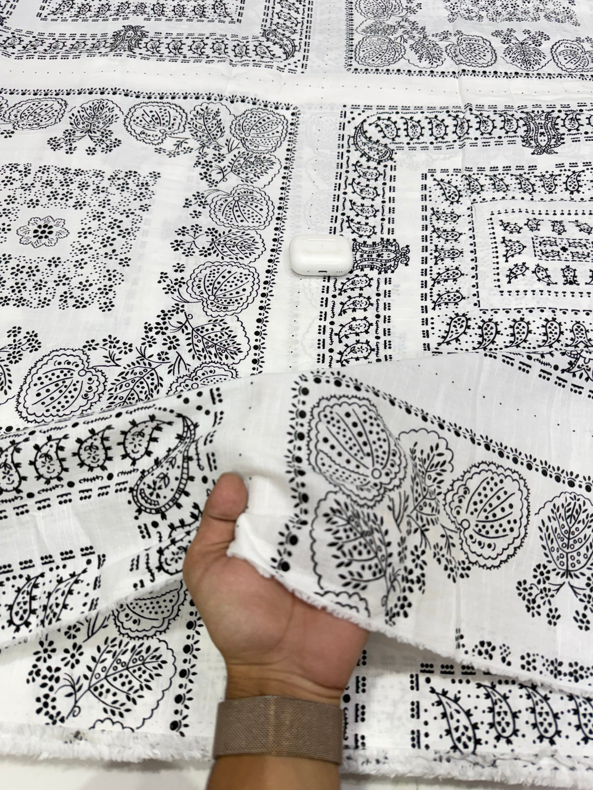 Buy Fine Cotton Linen Black White Booti Border Print Fabric