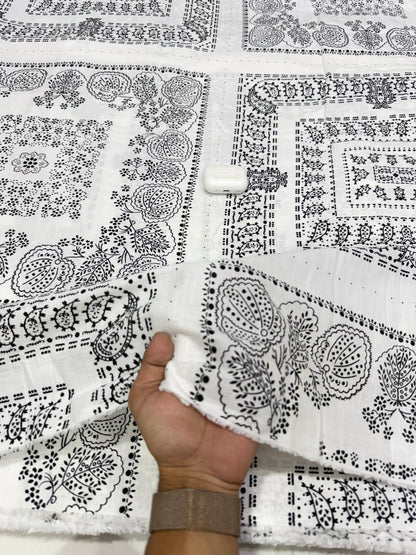 Buy Fine Cotton Linen Black White Booti Border Print Fabric