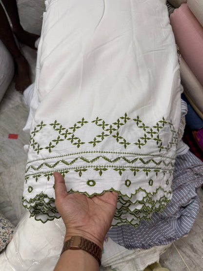 Buy Viscose Modal White Green Geometric Border Fabric