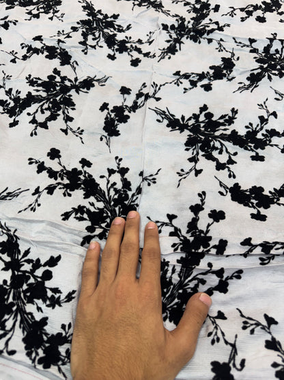 Buy Premium Natural Viscose Silk Embozz White Black Floral Vine Embroidery Fabric