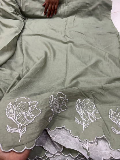 Buy Mul Cotton Viscose Sage Green White Abstract Flower Embroidery Fabric