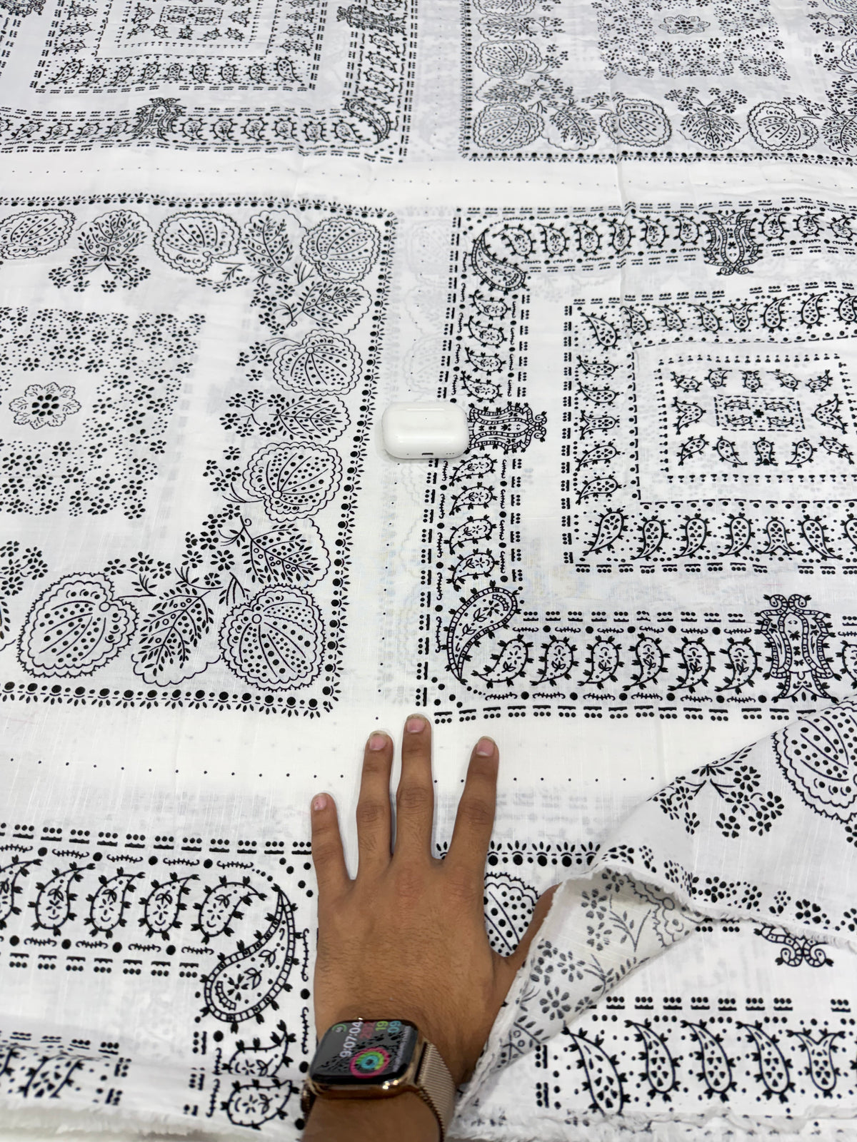 Buy Fine Cotton Linen Black White Booti Border Print Fabric