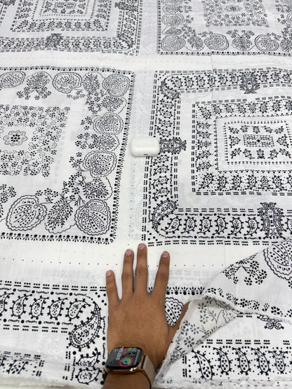 Buy Fine Cotton Linen Black White Booti Border Print Fabric