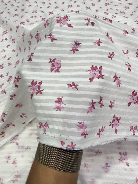 Buy Premium Seersucker Pink Floral Stripe Fabric