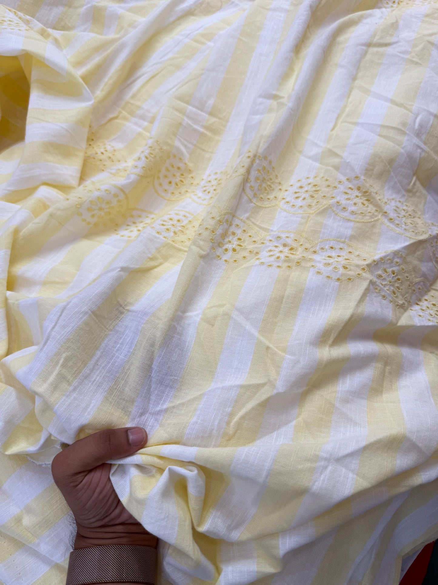 Buy Pure Cotton Linen Yellow and White Stripes Embroidery Fabric with Big Width