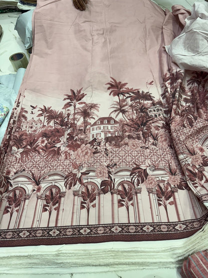Buy Cotton Poplin Pink Base Bold Palm Tree Border Print Only Fabric