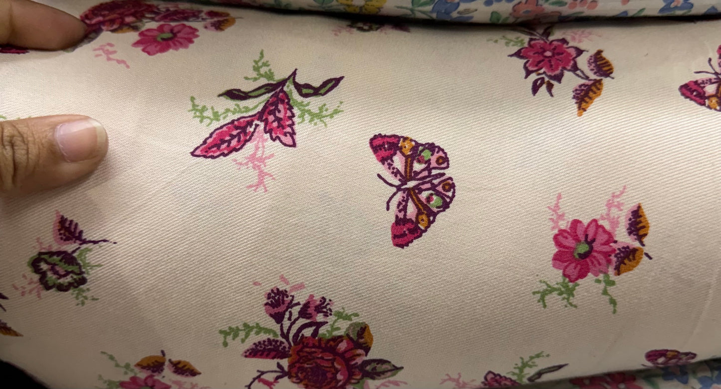 Buy Cotton Viscose Twill Ivory Base Butterfly Floral Fabric