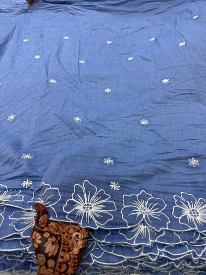 Buy Soft Denim Blue Base White Border Embroidery Fabric