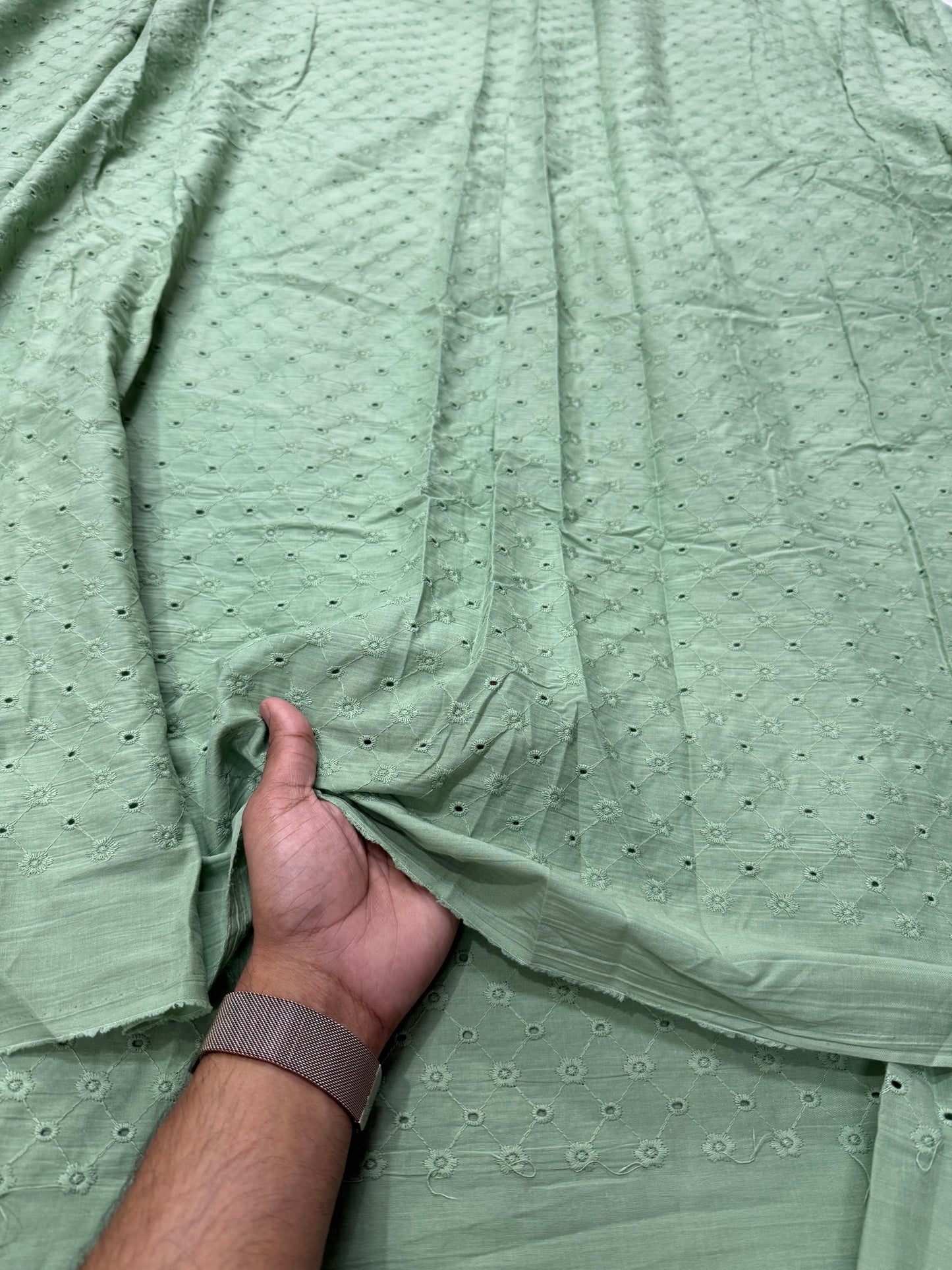 Buy Cotton Hakoba Sage Green Zig Zag Pattern Embroidery - MAF 