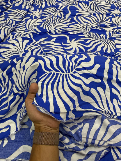 Buy Viscose Rayon Royal Blue White Fern Leaf Print Fabric
