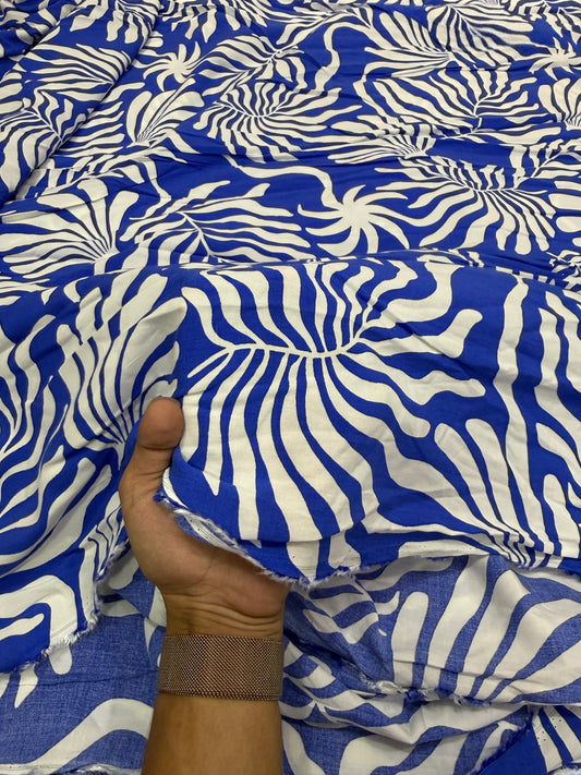 Buy Viscose Rayon Royal Blue White Fern Leaf Print Fabric