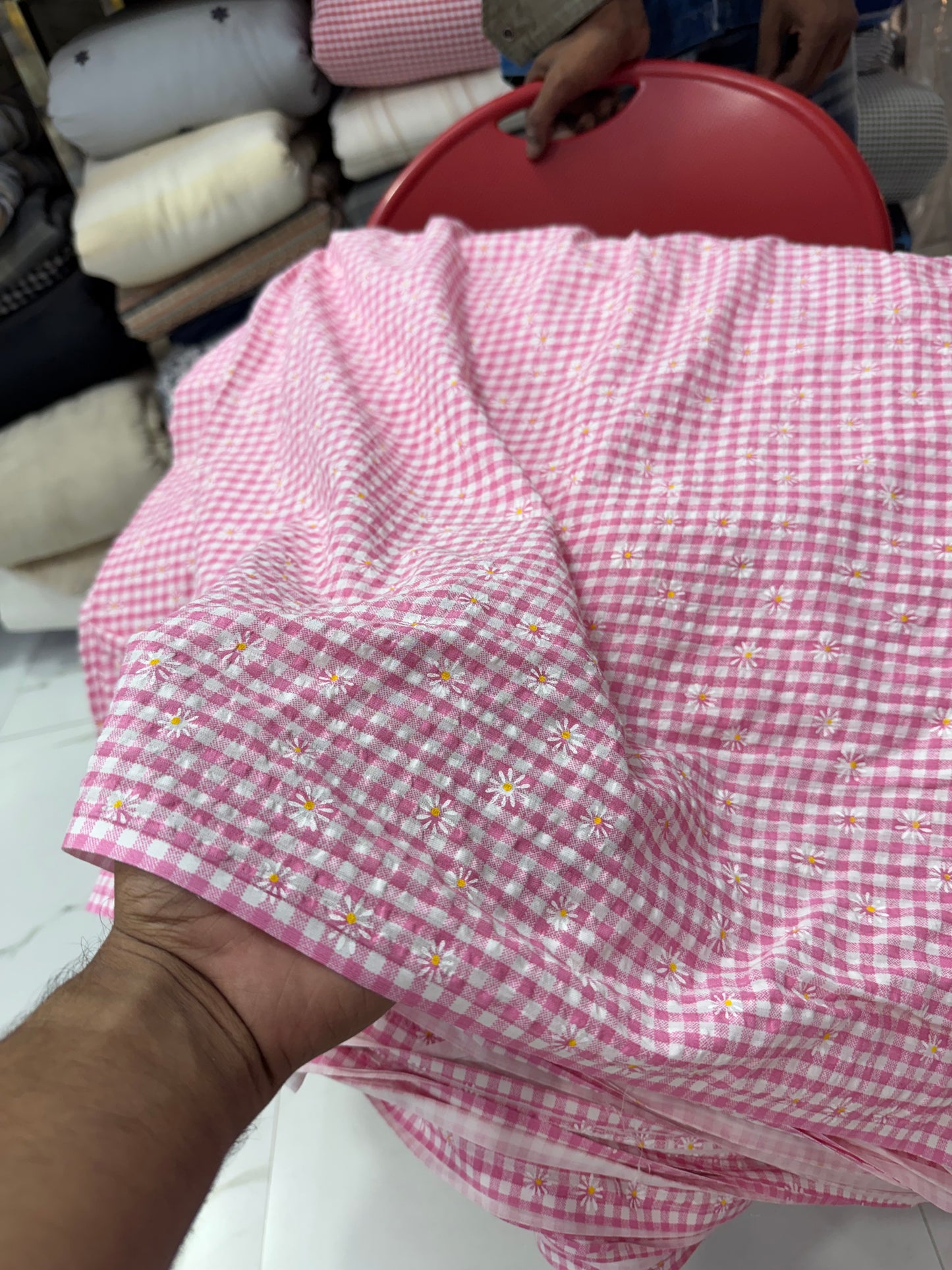Buy Cotton Seersucker Pink Check Daisy Printed Fabric
