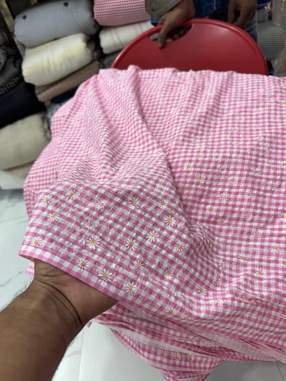 Buy Cotton Seersucker Pink Check Daisy Printed Fabric