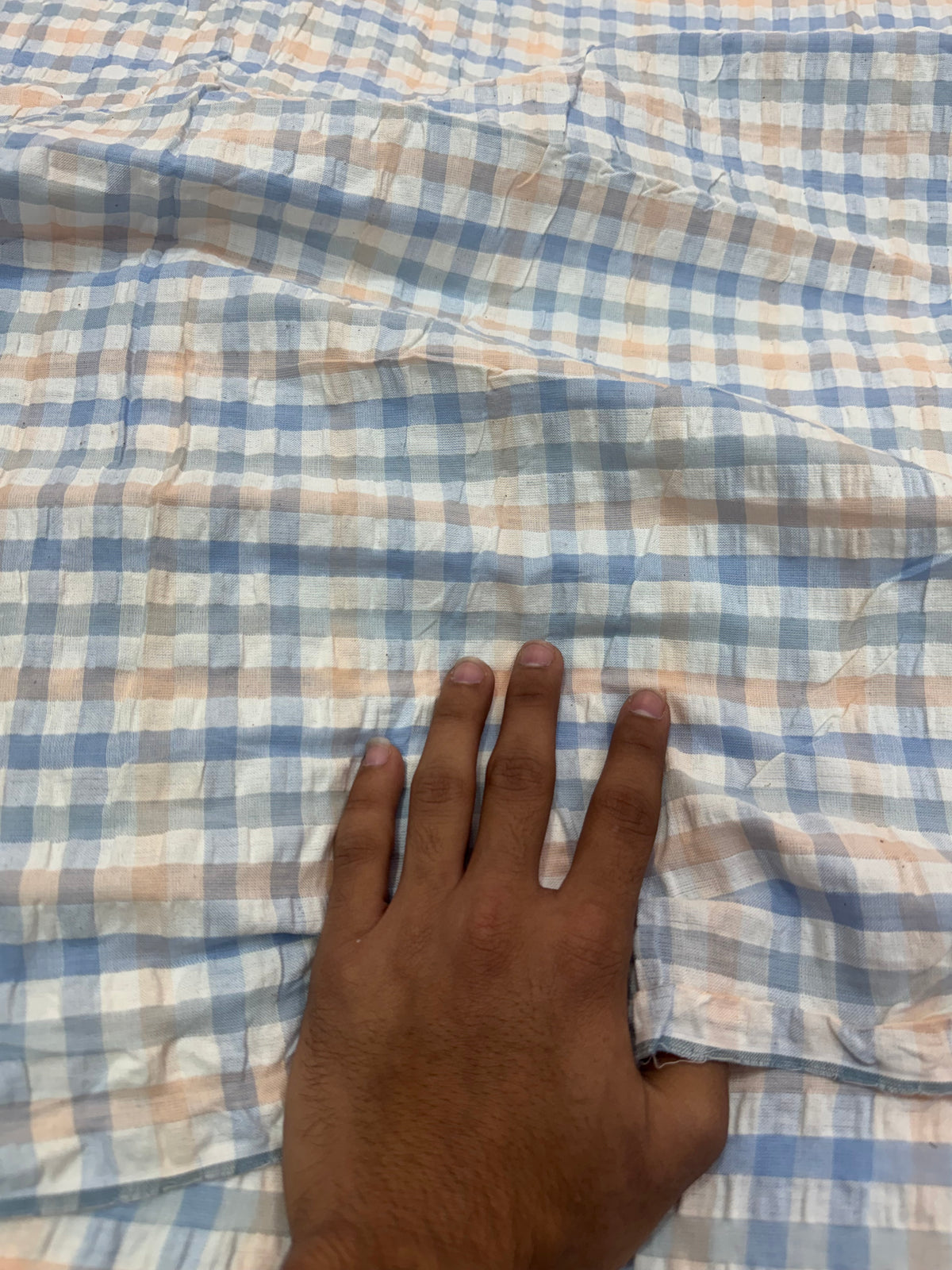 Buy Premium Cotton Seersucker Powder Blue Peach Plaid Fabric