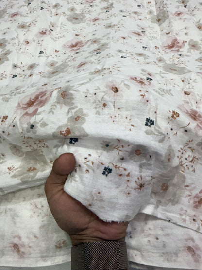 Buy Premium Cotton Double Cloth White Vintage Rose Floral Print Fabric