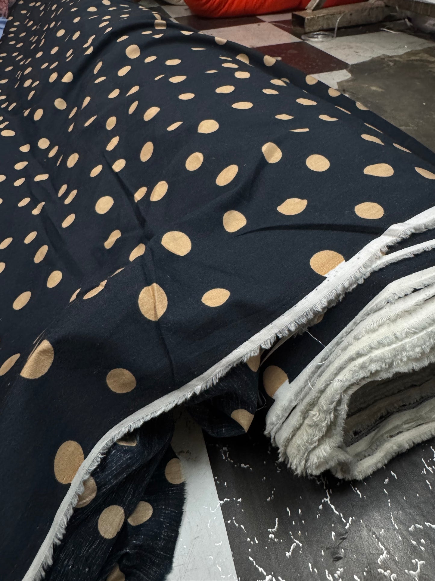 Buy Cotton Poplin Black Base Ivory Polka Printed Fabric