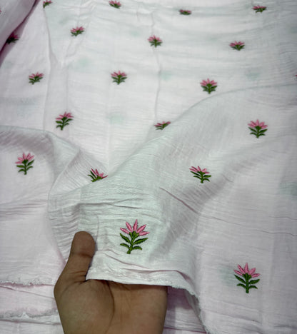 Buy Premium Cotton Double Cloth White Pink Floral Sprig Embroidery Fabric