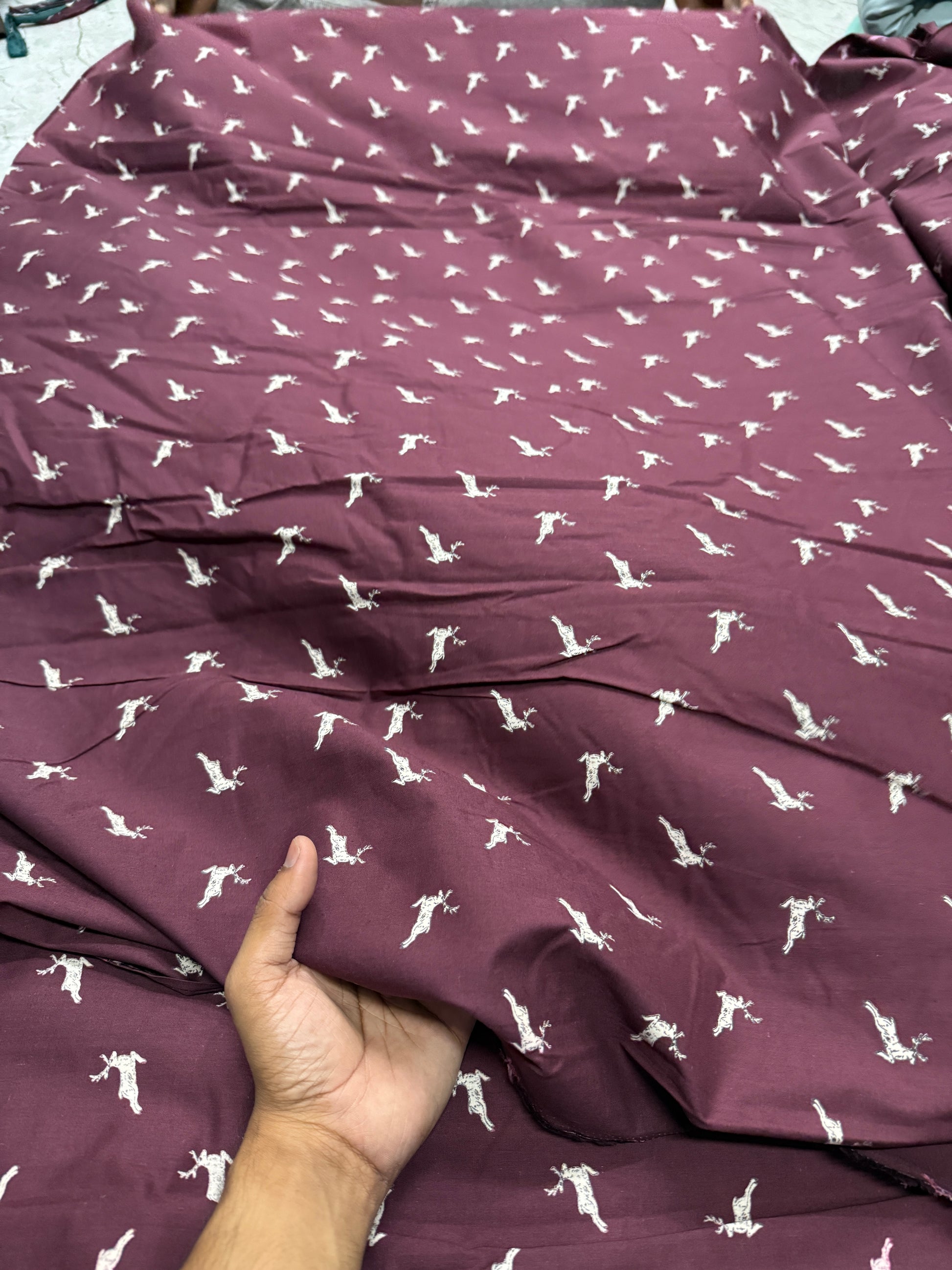 Buy Wine Poplin Reindeer Printed Fabric - MAF 