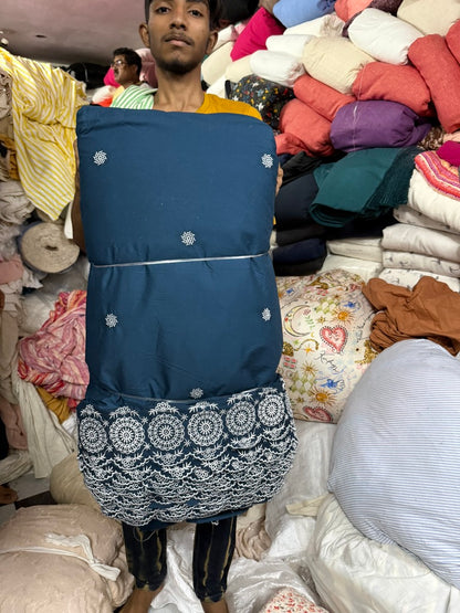 Buy Cotton Poplin Blue Base White Border Embroidery With Flower Work