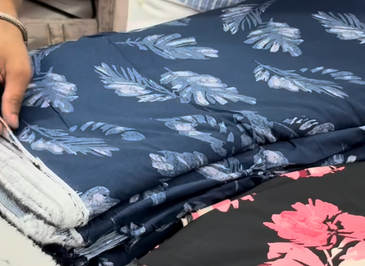 Buy Viscose Modal Blue Base Blue Tropical Leaf Design Fabric