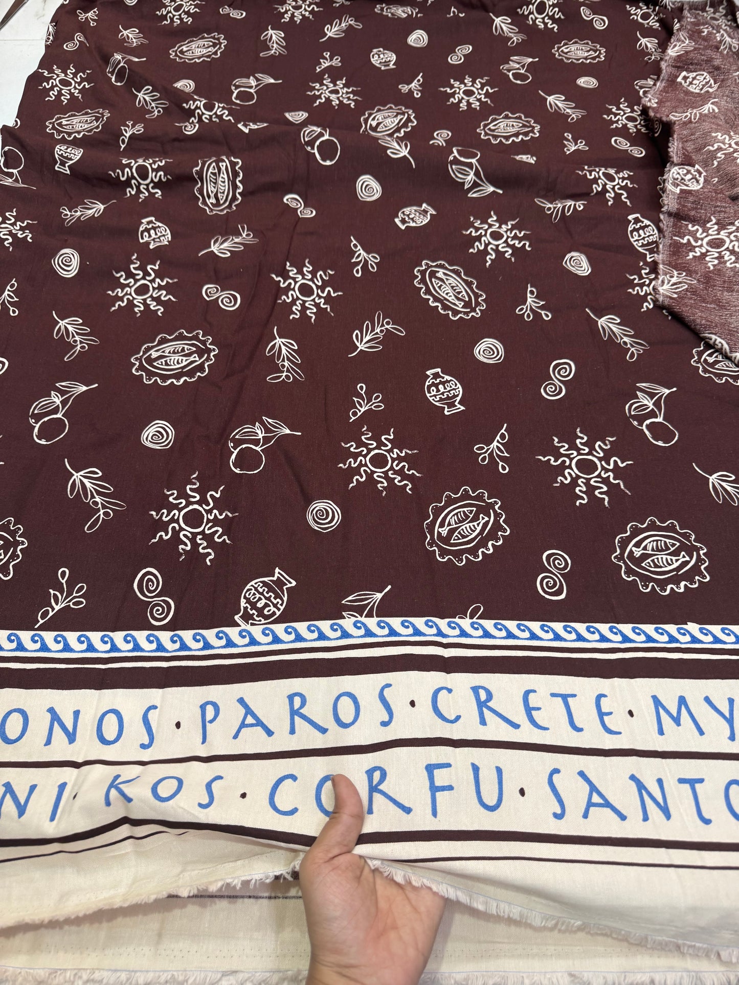 Buy Cotton Linen Chocolate Brown Base Boho Print With Border Fabric