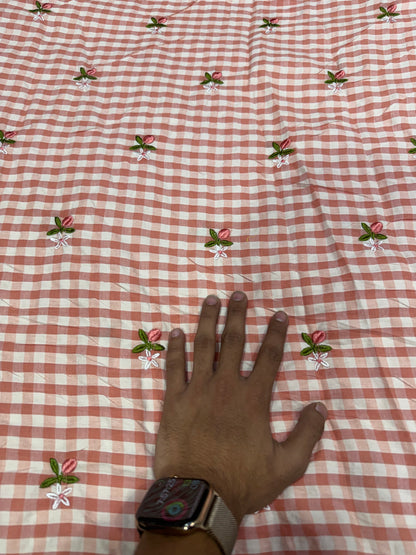 Buy Premium Seersucker Rust Pink Gingham Floral Embroidery Fabric