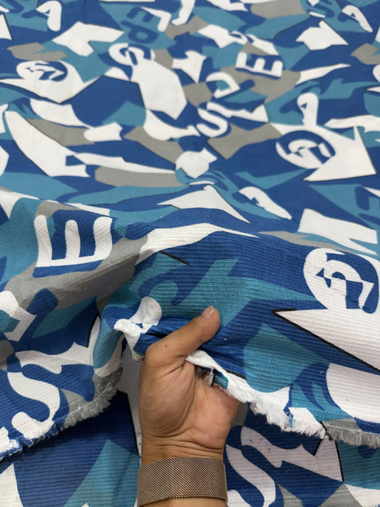Buy Premium Corduroy Blue Grey Graphic Letter Print Fabric