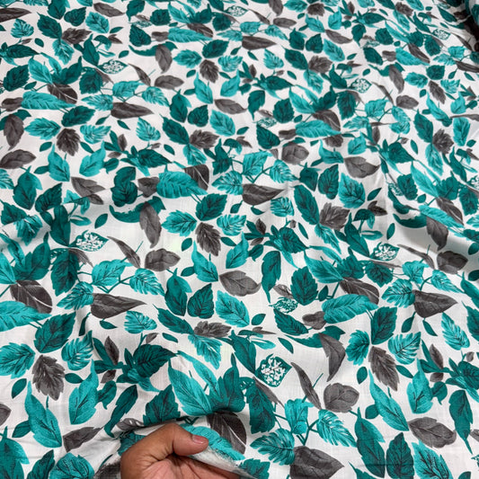 Buy Premium Viscose Linen Teal Blue Fall Printed Fabric - MAF 