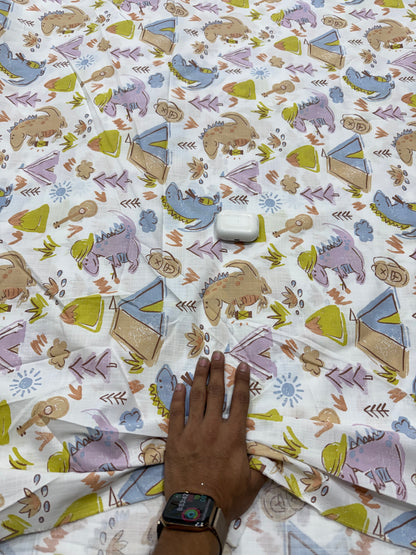 Buy Premium Fine Cotton Linen Multicolor Dinosaur Print Fabric