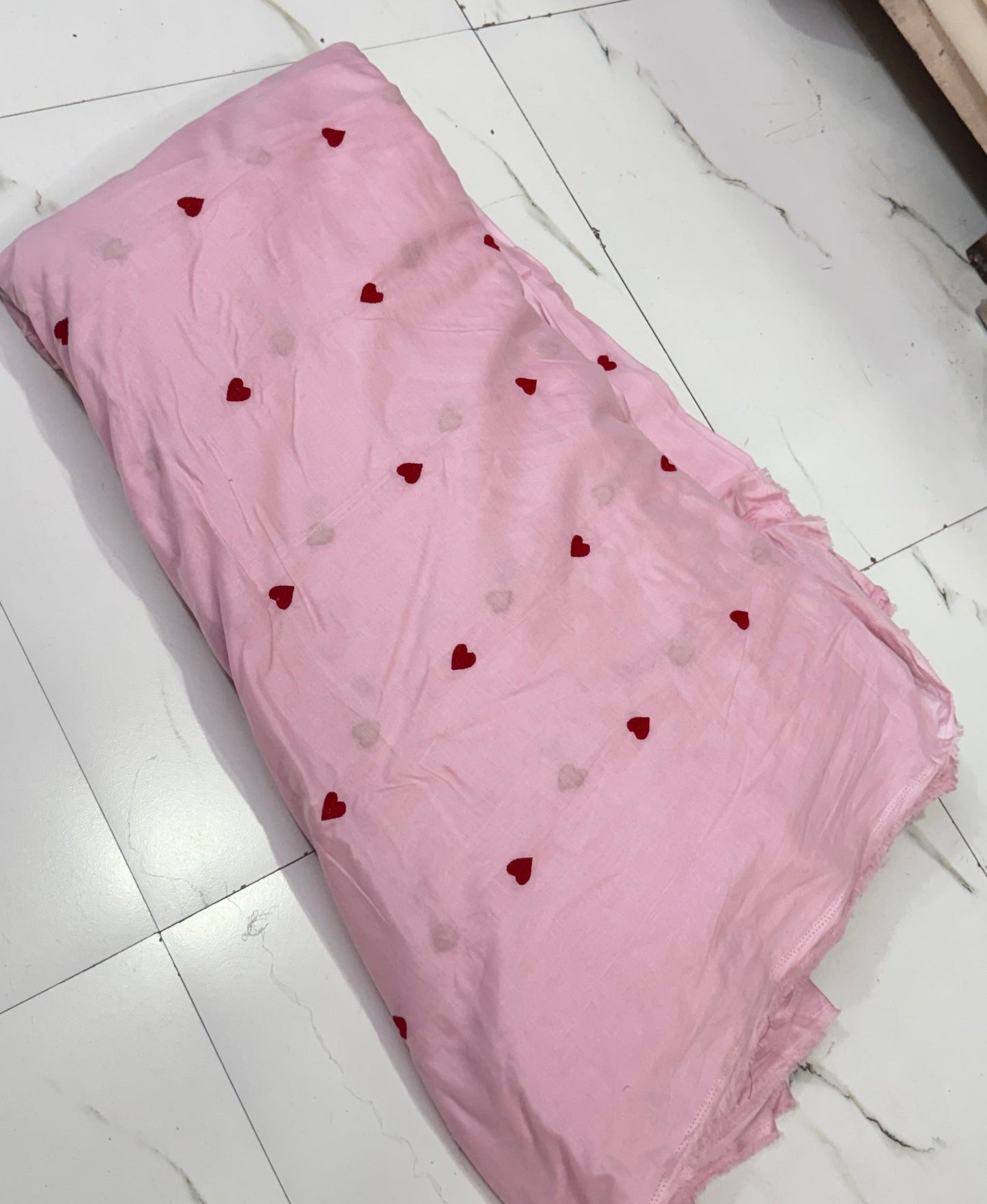 Buy Mul Cotton Baby Pink Base Red Heart Embroidery Fabric