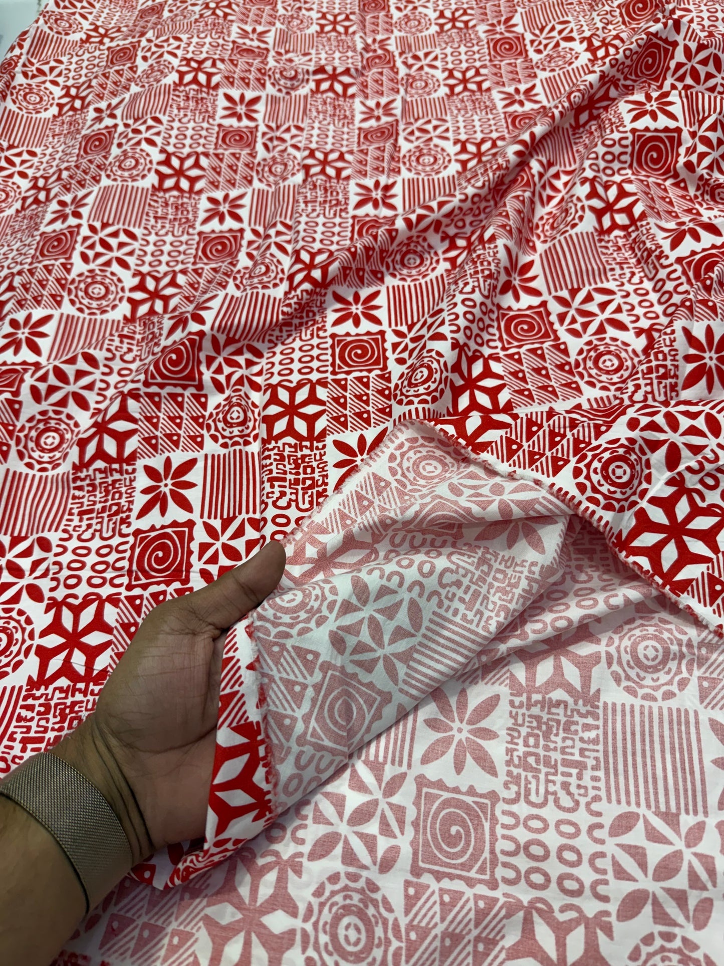 Buy Cotton Poplin Red Square Panel Multi Printed Fabric