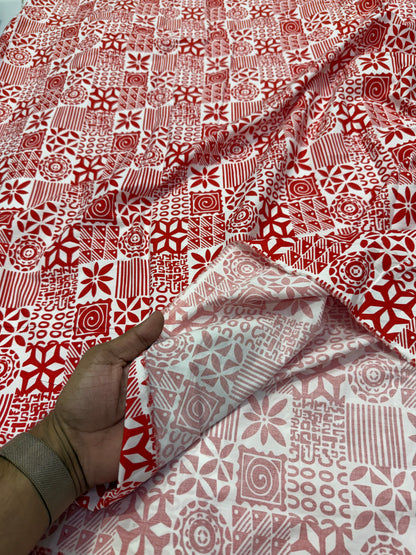 Buy Cotton Poplin Red Square Panel Multi Printed Fabric