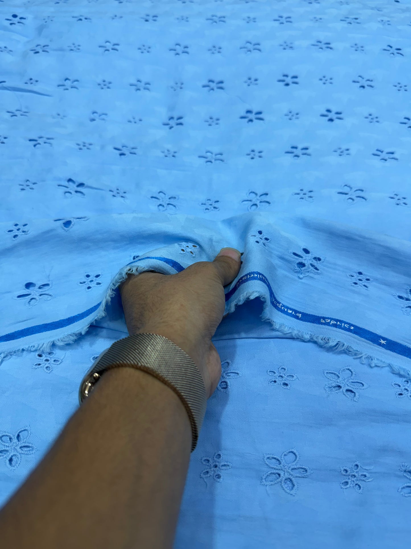 Buy Cotton Hakoba Dust  Blue Leafy Joined Flower Embroidery Fabric
