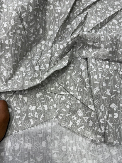 Buy Cotton Poplin Grey Base White Kids Printed Fabric