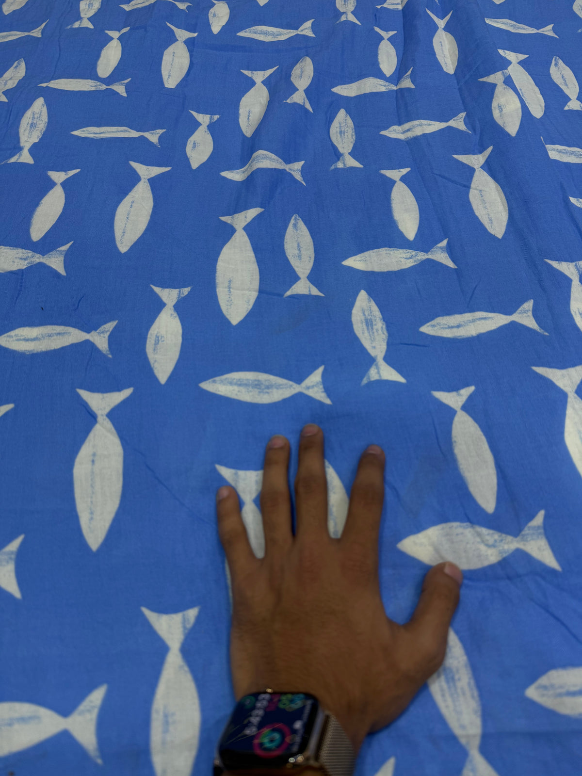 Buy Premium Cotton Double Cloth Cornflower Blue White Fish Print Fabric