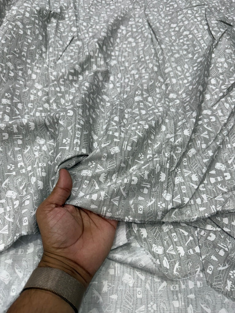 Buy Cotton Poplin Grey Base White Kids Printed Fabric