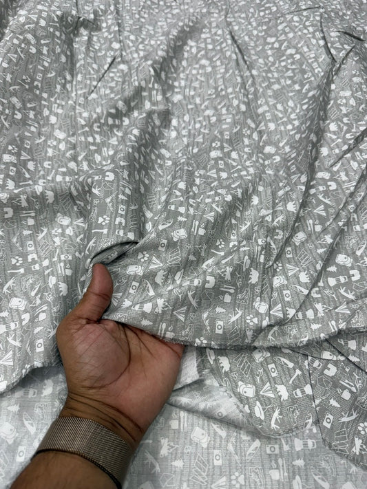 Buy Cotton Poplin Grey Base White Kids Printed Fabric
