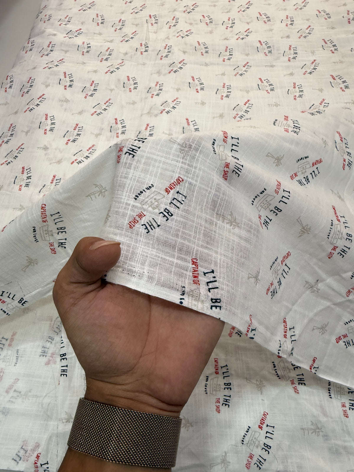 Buy Fine Premium Cotton Slub White Nautical Typography Printed Fabric