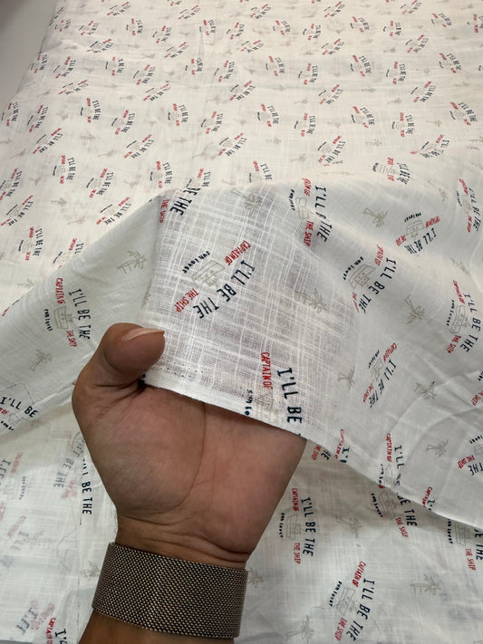 Buy Fine Premium Cotton Slub White Nautical Typography Printed Fabric
